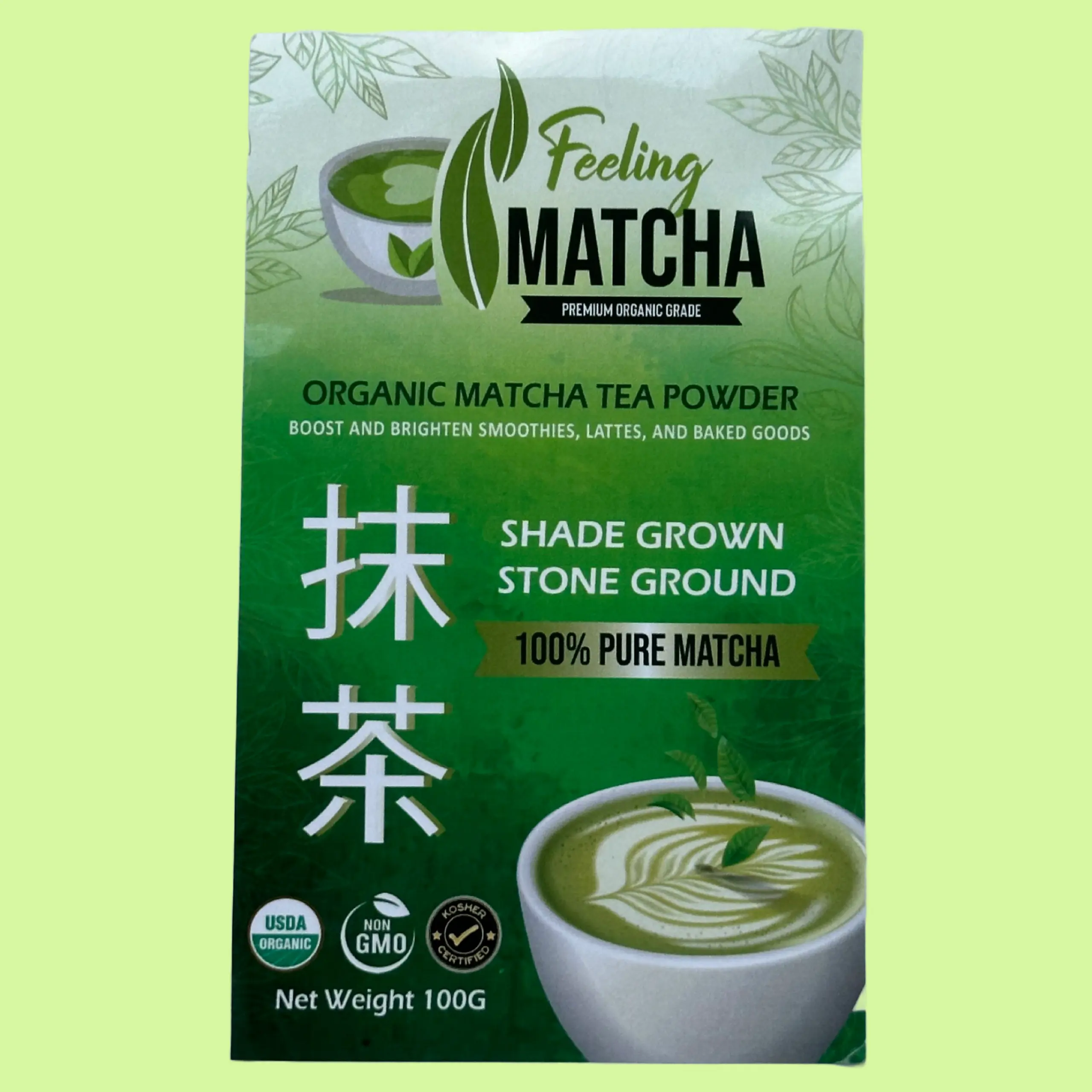 Organic Green Matcha Premium 100G Bag - USDA Organic - Non GMO - Gluten Free - Kosher