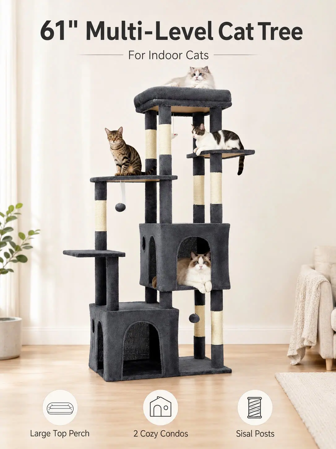 61” Multi-Level Cat Tree for Indoor Cats, Heavy Duty Cat Tower for Large Cats & Maine Coons Cats with Dual Condos  with Extra-Large Perch