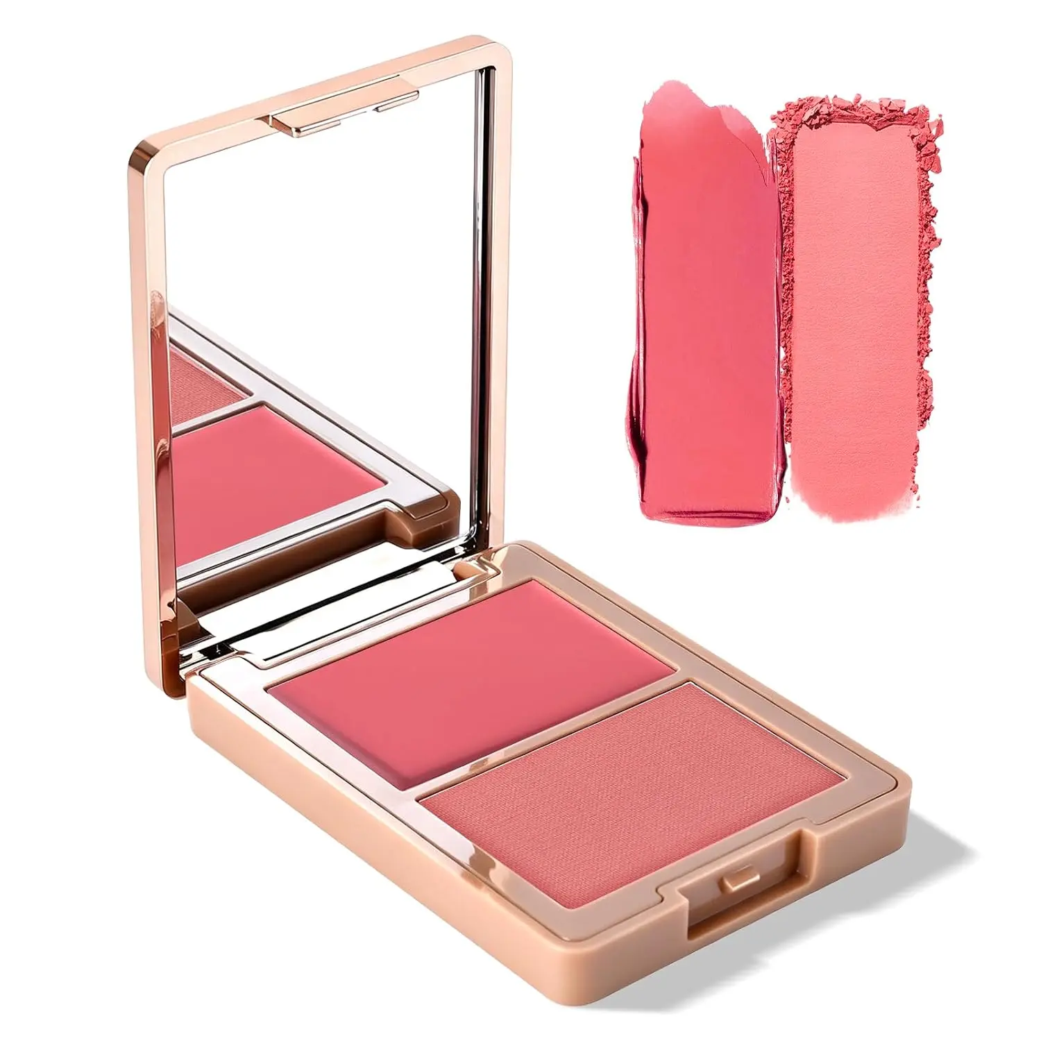 2 in 1 Coral Pink Cream and Powder Blush Palette Duo(01 Soft Pink) | Cream and Powder, Natural Matte&Dewy Glow Finish, Buildable, Waterproof Pressed Blush Contour Makeup Powder,Cruelty Free
