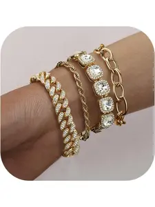 4Pcs Gold/Silver Bracelet Women Tennis Bracelet with Square Diamonds Cuban Bracelet Clip Bracelet Rope Bracelet Fashion Bracelets Women Stacked Bracelet Gold Bracelet Silver Bracelet