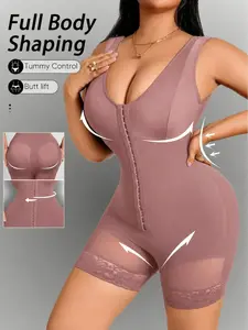 1 Count Women's Firm Breathable Contouring Shaperwear, Colombian Shapewear, Fajas, Three Row Hook Closure Tummy Full Body Shaper, Comfort Lace Anti Curl Bodysuit with Zipper Crotch, Wide Strap Jumpsuit, Perfect for Daily Wear & Holiday