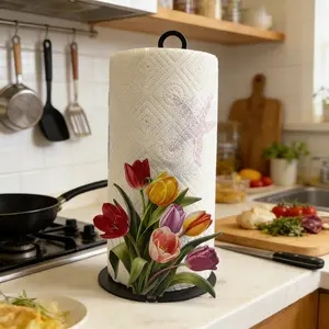 10.24 Inch Cast Iron Tulip Paper Towel Holder, No Drilling Required, Surface Mount, Holiday Decoration, Kitchen Bathroom Party Use, Bathroom Accessory