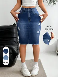 Summer Women's Slim Fit Ripped Dark Wash Denim Skirt, High Waist Elastic with Pockets, Frayed Hem, Casual Knee-Length Skirt for Daily Wear