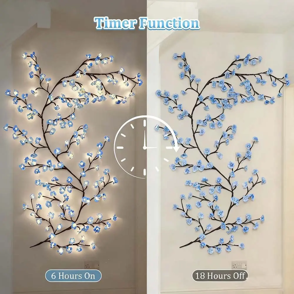 Cherry Enchanted Willow Vine Lights 1.8m 96LED Blue Cherry Blossom Tree Branch Lights for Wall, Remote Timer 8 Light Model Bedroom Wall Doors Wedding Christmas