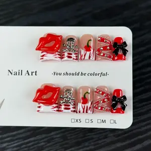 10pcs style, hand-painted zebra pattern, three-dimensional lips, bow tie, cluster of diamonds handmade fake nails, Nails press ons, Nail stickers suitable for music festivals, Halloween and carnival events