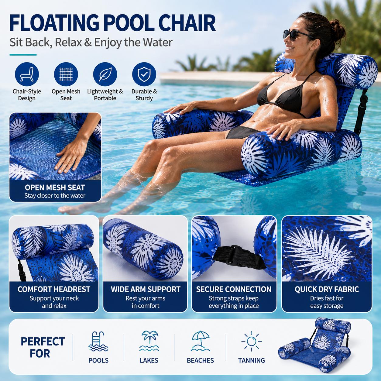 Tropical Print Water Hammock Pool Float Chair for Adults, Comfort Floating Lounger with Mesh Seat, Padded Headrest & Armrests, Foldable Pool Lake Beach Floating Seat for Summer Fun Tropical Print Water Hammock Pool Float Chair for Adults, Comfort Floating Lounger with Mesh Seat, Padded Headrest & Armrests, Foldable Pool Lake Beach Floating Seat for Summer Fun