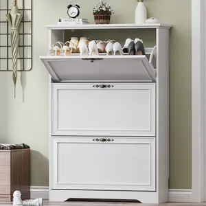 3 Flips Shoe Cabinet for Entryway, Narrow Shoe Storage Cabinet with Adjustable Shelves, Wooden Space-Saving Organizer and Rack for Foyer, Closet, Hallway