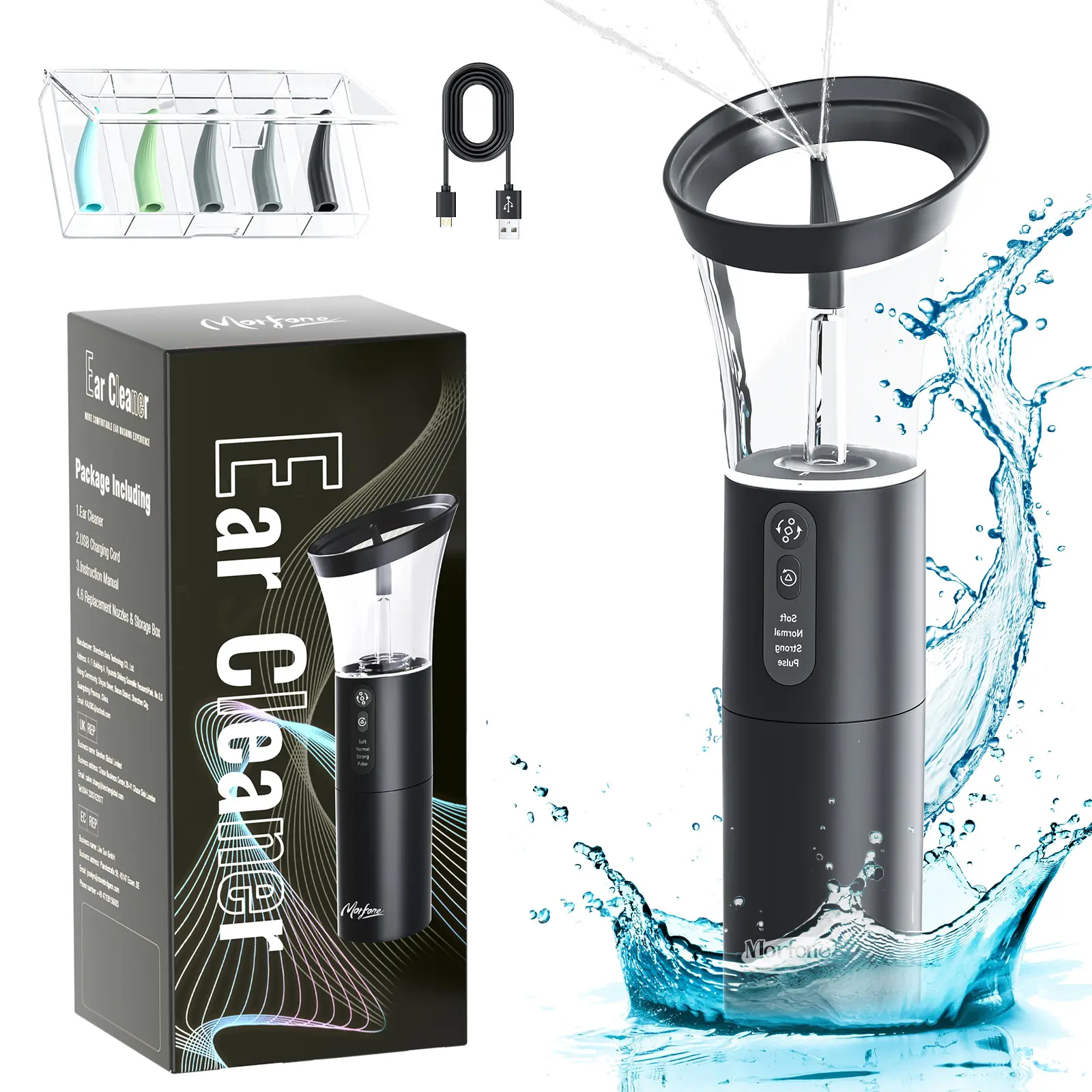 Morfone Electric Ear Wax Removal Kit, Safe Ear Irrigation System with 4 Modes, Temp Sensor, 360° Spray, 400ml Tank & IP67 Waterproof, Ear Cleaning Tool