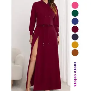 Women's Solid Drawstring Hoodie & Split Thigh Skirt Set, Elegance Long Sleeve Top & Pocket Long Skirt, Casual Fashion Cozy Co-ord Set, Women Clothes, Fall outfit, Womenswear