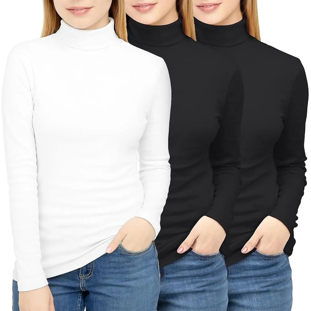 NY Threads Women's 3-Pack Long Sleeve Turtleneck Tops, Slim Fit Thermal Base Layer in Stretchy Poly-Cotton, an Elegant Cold Weather Essential