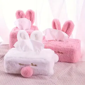 1 piece of plush rabbit tissue box, cartoon tissue case, tissue box, home, car and living room tissue box, cartoon tissue box, pink rabbit tissue box, long-eared pink rabbit cloth case tissue