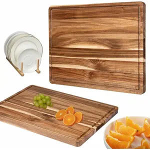 Large Acacia Wood Cutting Board – 24x18 Inch/20x15 Inch , 1.1"/1.5" Thick Butcher Block – Deep Juice Grooves, Edge Grain Design, Built-in Handles – For Meat, Vegetables, Cheese – Easy to Clean