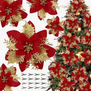 16 PCS Poinsettia Flower Artificial Poinsettia Christmas Decorations Glitter Poinsettias Christmas Ornaments Christmas Tree Flower Decorations with Clips DIY Xmas Wreath Holiday Weed Home Party Decor