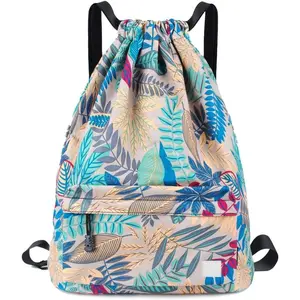 Drawstring Backpack with Mesh Pockets String Gym Bag Sackpack Sandproof Water Resistant Beach Backpack for Men Women