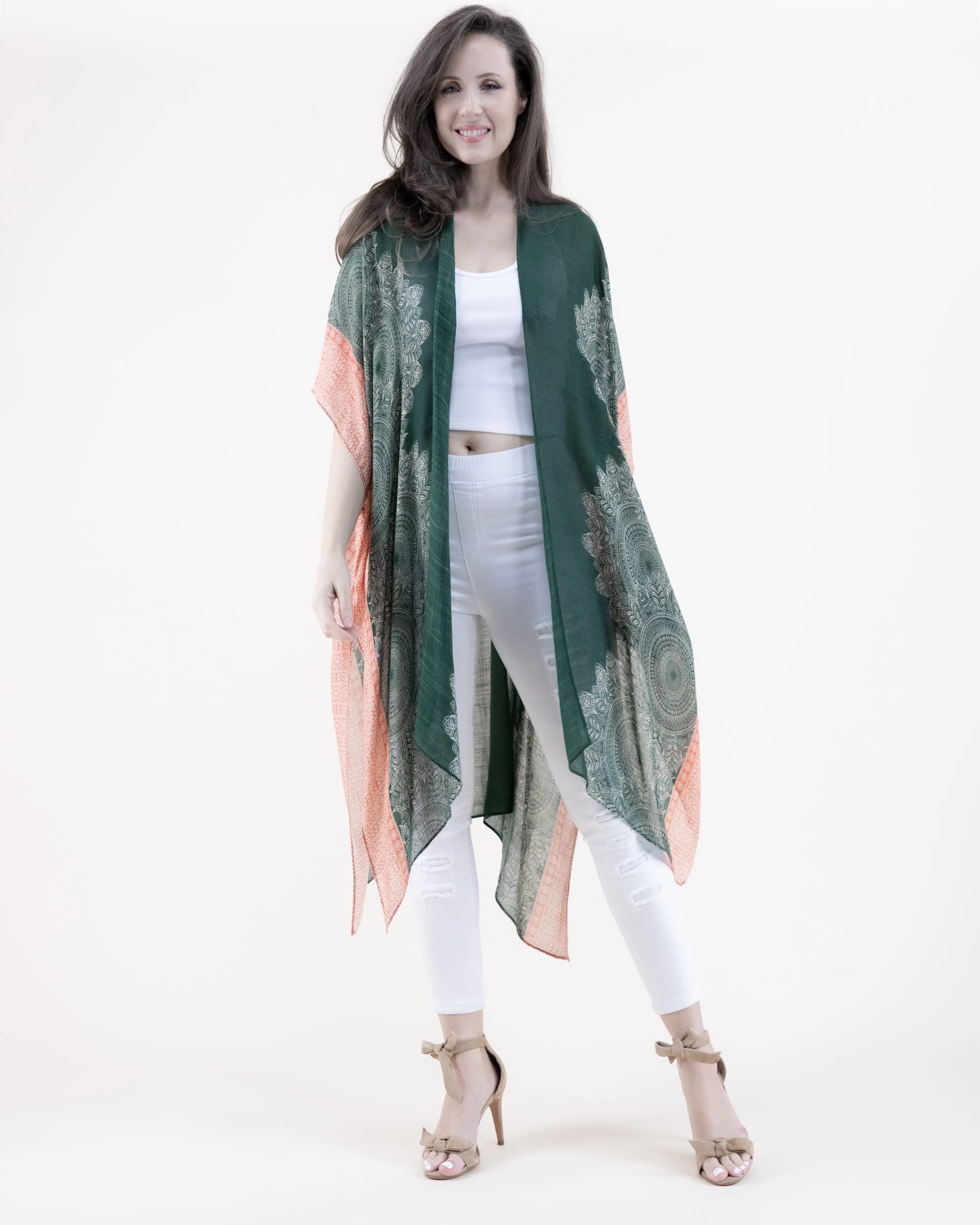 Women's Boho Medallion Print Color Block Kimono - Lightweight Wrap, Breathable Festival Casual Wear, Beach Layering Top with Sleeves, Soft