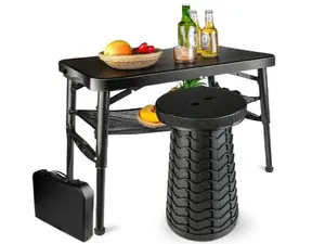 Portable Folding Table and Stool Set, Lightweight Foldable Table & Collapsible Stool, Sturdy Small Outdoor Table with Mesh Layer Storage