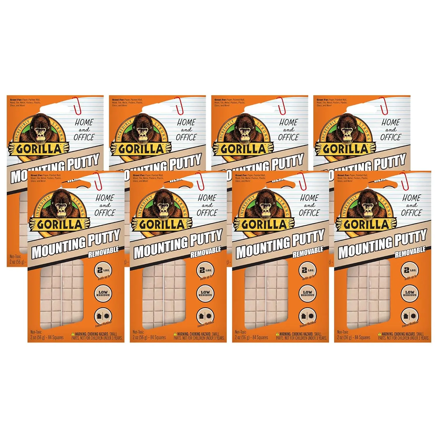 Gorilla Mounting Putty, Natural Tan, 84 Pre-Cut Squares (Pack of 8), Non-Toxic & Repositionable