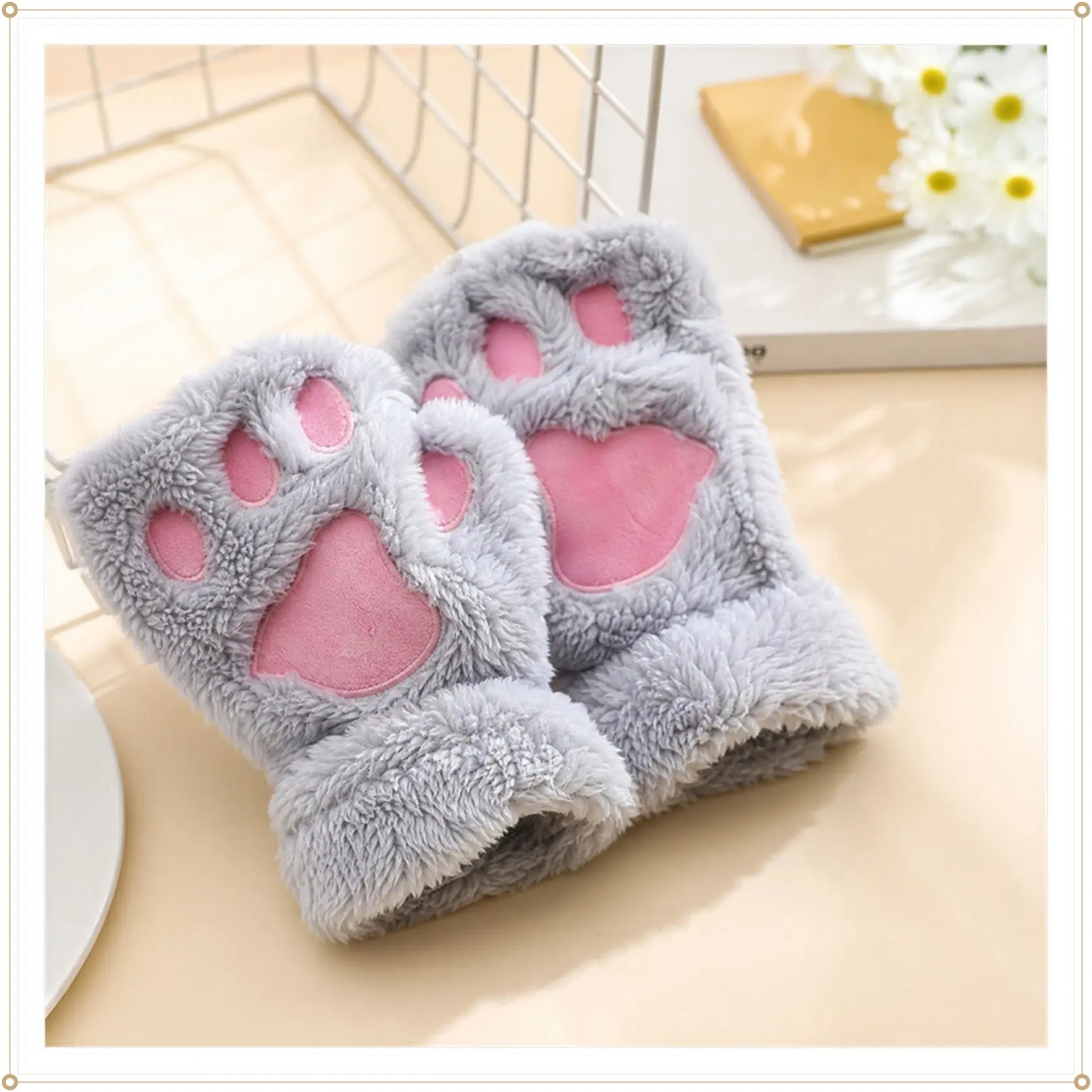 2 Pack Cute Cat Paw Fingerless Gloves ，Cozy Cosplay Faux Fur Plush Winter Gloves for Women Girls Design Hand Kawaii