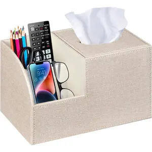 Square PU Leather Tissue Box Cover - Multi-functional Cube Tissue Holder with Storage for Tissue and Remote Control, Tissue Organizer for Bedroom Nightstand and End Table