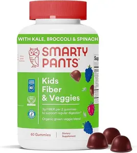 SmartyPants Kids Fiber & Veggies: Prebiotic Fiber Gummies for Kids, Fiber Supplement with Inulin, Organic Green Veggie Blend, Vegan, Gluten Free, Mixed Berry Flavor, 60 Count (30 Day Supply)