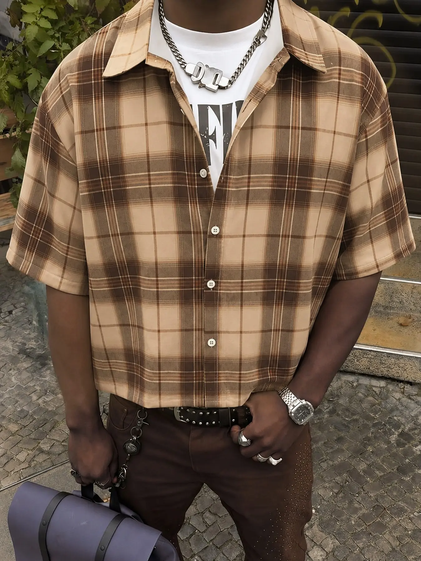 Men's Plaid Blouse, Casual Loose-Fitting Short Sleeve Shirt, Minimalist H-Type Design, Comfortable Outdoor Fashion, Casual Apparel