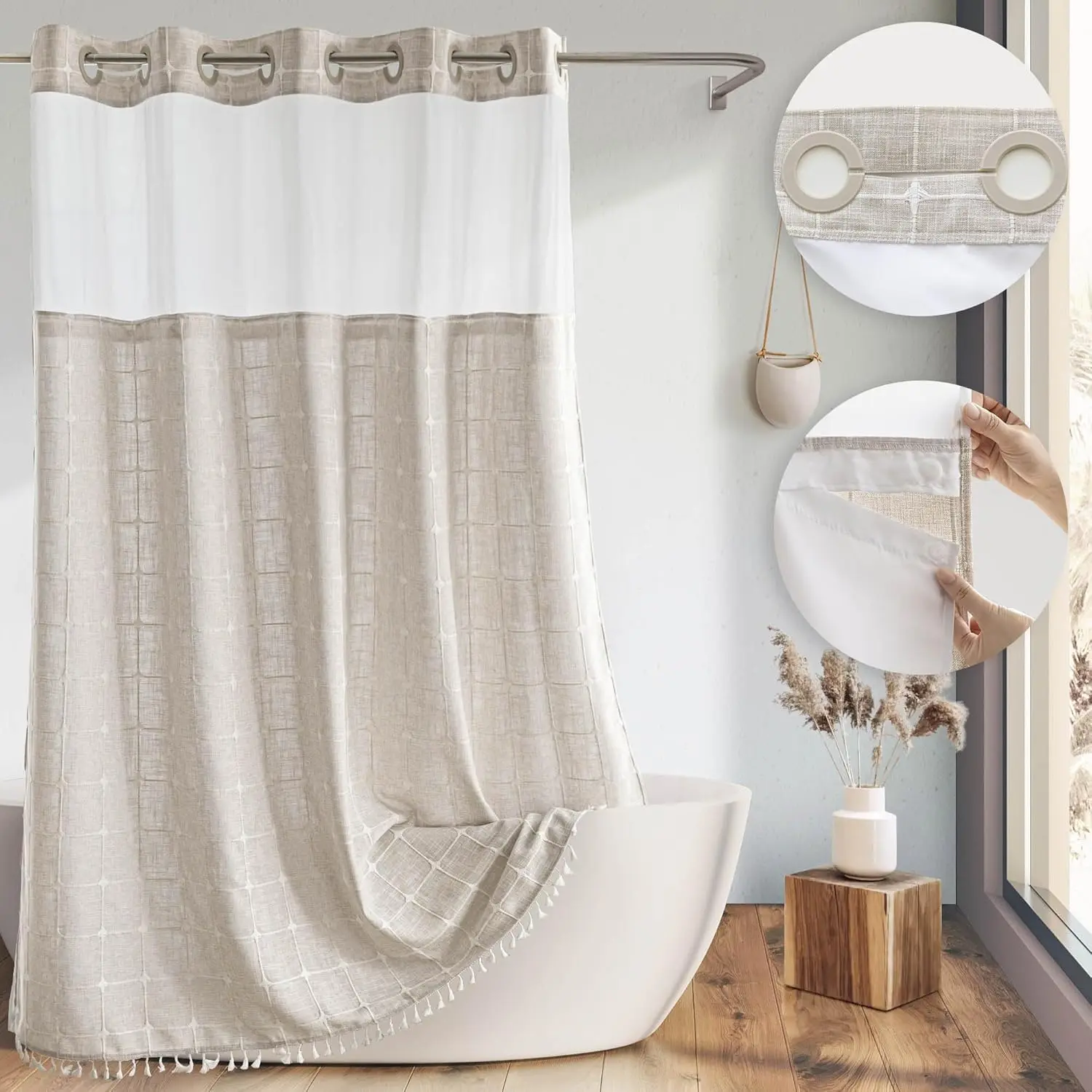 Linen Textured Farmhouse Removable Shower Curtain & Snap-in Liner Set - No Hooks Needed, Tassels, Window Design, Magnets, Polyester, 71Wx74H Bathroom Curtain