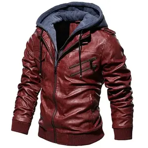 Business Slim  Zipper Motorcycle Leather Jacket Men  Unload Hooded PU Leather Jackets Autumn Coat  Size Coat