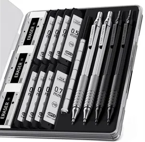 Weighted Pencil !!!Four Candies  Metal Mechanical Pencils Set with Case, For Writing Drafting, Drawing, Sketching, 0.5mm & 0.7 mm Artist Pencil with 8 Tubes  HB Lead Refills, 3 Erasers,9 Eraser Refills, Suitable for School and Office art Creation.