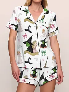 Women's Short Sleeve Sleepwear Set, Soft Comfortable Casual Home Wear, Reversible Elastic Waist Design, Wicked Elphaba & Glinda Pattern