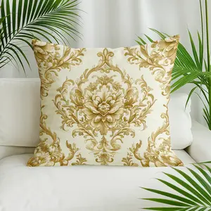 Gold ornate decorative design on light background Pillow Cover with Zipper Closure, Soft Polyester Fabric for Sofa Bed Living Room, Machine Washable, Elegant for home Decor Accent Pillows
