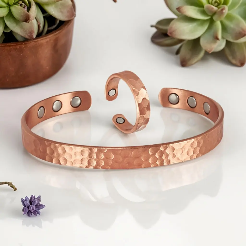 Vintage Pure Copper 2-Piece Costume Jewelry Set - Cuff Bracelet, Rustic Metallic Jewelry with Bracelet and Ring, Cuff Bracelet Set, Rustic Jewelry Sets