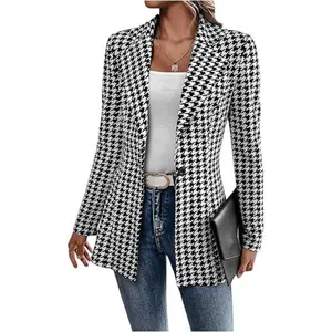 Women's Elegant Houndstooth Check Lapel Jacket Long Sleeve Fitted Mid Length Suit Coat for Autumn Winter Business Casual Wear Black & White Checkered Classic Style Chic Everyday Fashion