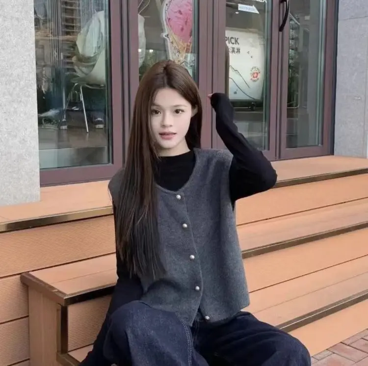 Gentle Little Gold Retro Round Neck Knit Vest Autumn Winter Top Versatile Korean-style Sleeveless Jacket Vest Top for Women