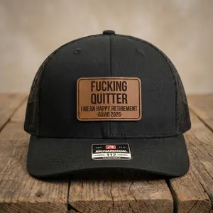 F*CKING QUITTER I MEAN HAPPY RETIREMENT Leather Patch Trucker Hat, Father Day Gift Hunting Apparel Gift, Outdoor Duck Turkey Hunter Mesh Hat, Rustic Western Leather Patch Hat, Adjustable Dad Hat for Fishing Camping Hiking Outdoor Wear
