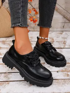 Women's Comfortable Minimalist Round Toe Lace-Up Thick Sole Boots, Business Style Loafers, Elegant Simple Design Walking Shoes, Casual business shoes, Office Shoes, Chunky sole