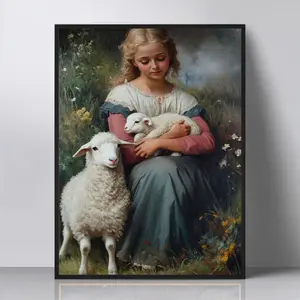 Art Print Museum Quality Paper Wall Decor Unframed Shepherdess Painting Girl With Lamb Cottagecore Art Pastoral Scene Vintage Art Farm Animal Art Rustic Decor Romantic Wall Art Animal Lover Decor Farmhouse Decor Innocent Portrait Vintage Style