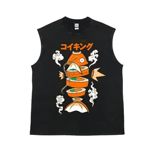 Men's Washed Tank Tops, Funny Fish Sushi & Japanese Text Graphic Print Vests