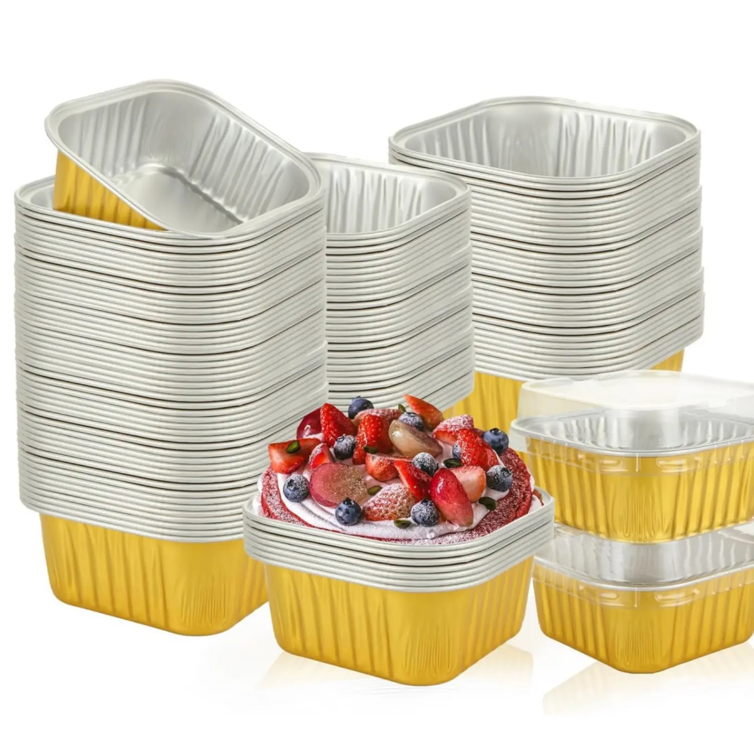 100 Pack Mini Square Cake Pans with Lids 3.54 Inch Gold Aluminum Foil Baking Cups Individual Dessert Containers for Tiramisu Flan Muffin Small Aluminum Pans with Lids for Party To-Go