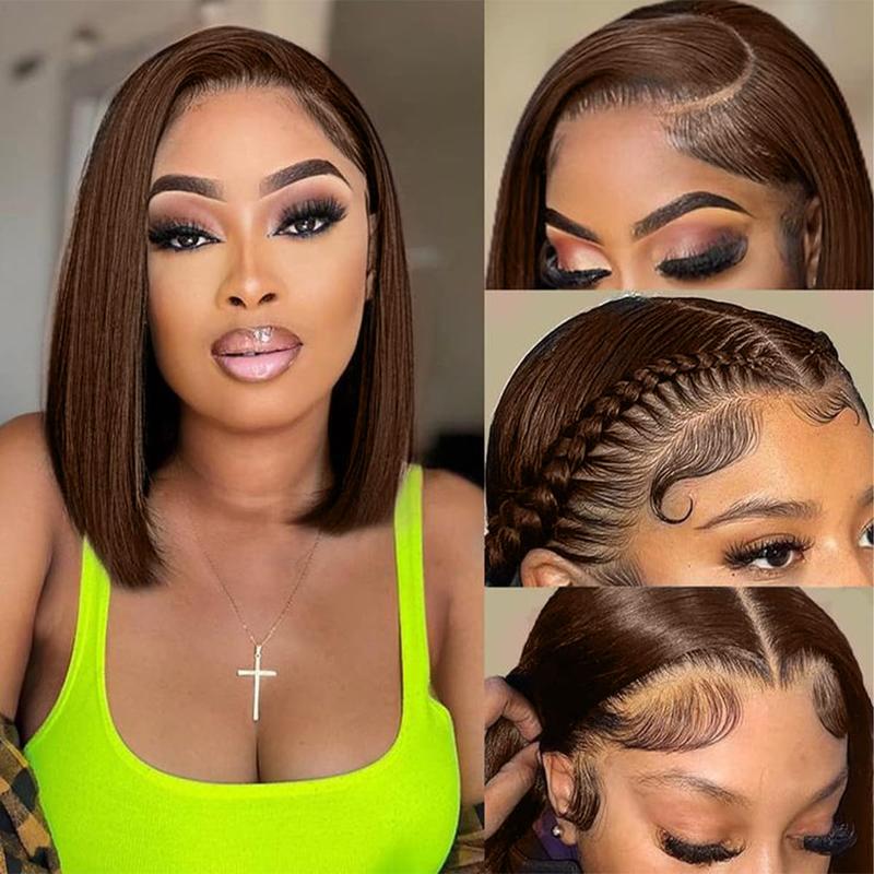 200% Density Brown Bob Wig Human Hair 13x4 HD Lace Frontal Short Straight Lace Front Bob Wigs For Black Women Chocolate Brown Human Hair Wig Pre Plucked Glueless Side Part Chocolate Brown Wig 10 Inch