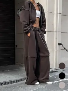 Women's Solid Zip Up Hooded Sweatshirt & Pocket Elastic Waist Pants Two-piece Set, Casual Outfits Women, Casual Drop Shoulder Long Sleeve Top & Trousers for Fall & Winter, Women's Clothes for Daily Wear, Brown,Airport Outfit