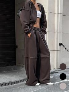 women's solid zip up hooded sweatshirt & pocket elastic waist pants two-piece set, casual minimalist drop shoulder long sleeve top & trousers for fall & winter, women's clothes for daily wear