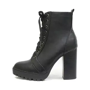 Soda BALBOA Women's High Stacked Heel Bootie - Casual Ankle Height Boot with Chunky Block Heel & Faux Wood Design