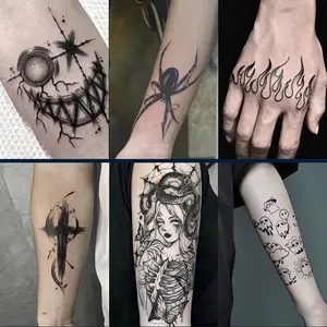 Herbal Tattoo Stickers for Halloween Costumes and Role Play, Including Ghost, Dusa, Clown, Cross, Flame and Other Elements, Lasts for 7-15 Days, Waterproof and Anti-Friction, Realistic Effect, Suitable for People Who Don't Want to Tattoo