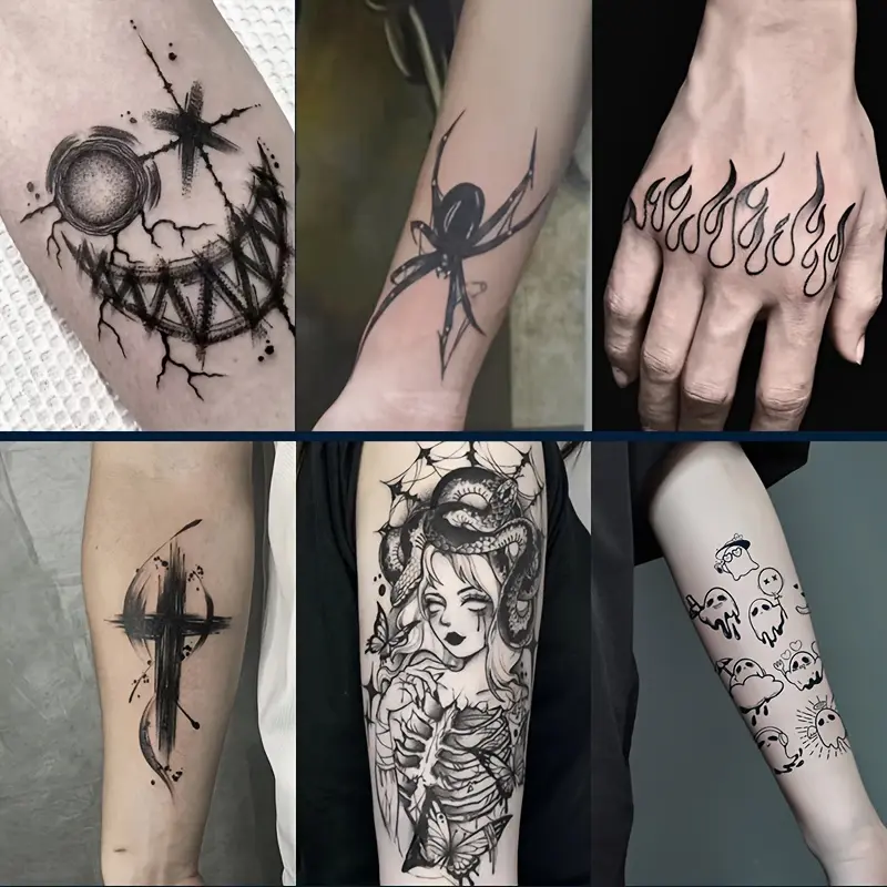 Herbal Tattoo Stickers for Halloween Costumes and Role Play, Including Ghost, Dusa, Clown, Cross, Flame and Other Elements, Lasts for 7-15 Days, Waterproof and Anti-Friction, Realistic Effect, Suitable for People Who Don't Want to Tattoo