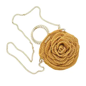 Rosa Bloom Macramé Crossbody – Handmade 3D Rose Gold Semicircle Handle Bag
