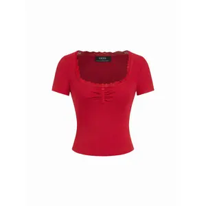 Cider Square Neck Lace Trim Ruched Front Button Tee