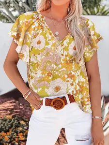 Women's V-Neck Floral Printed Short Sleeve Loose Fit Casual Pullover Shirt, Stylish and Comfortable Top for Daily Wear