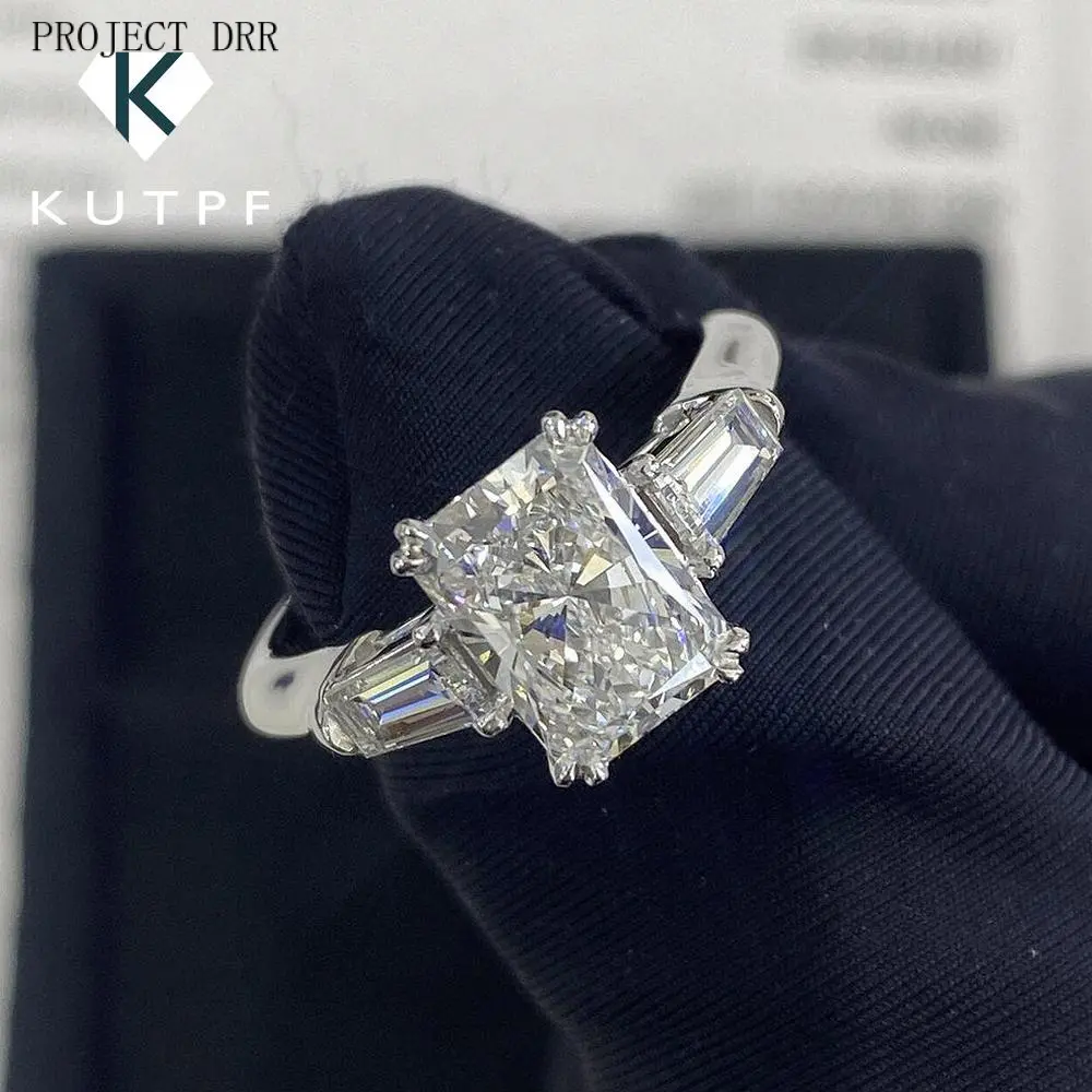 1/2/3/4Carat Radiant Cut Full Moissanite Engagement Ring with Tapered Baguette Shape Diamond S925 Silver Wedding Rings for Women PROJECT DRR
