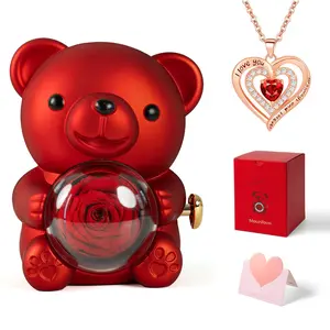 Mother’s Day Gift for Mom – Eternal Rose Bear with Heart Necklace, Romantic Jewelry Gift Box, I Love You Pendant for Wife, Girlfriend, Birthday Anniversary
