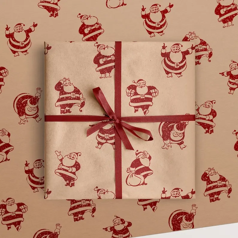 Retro Santa Eco Gift Wrapping Paper: Recycled Kraft Brown